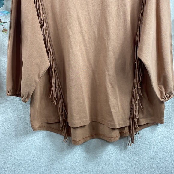 •easel• Tan {100% COTTON} Heavyweight long-sleeved Shirt w/ Front Fringe Detail - Picture 3 of 13